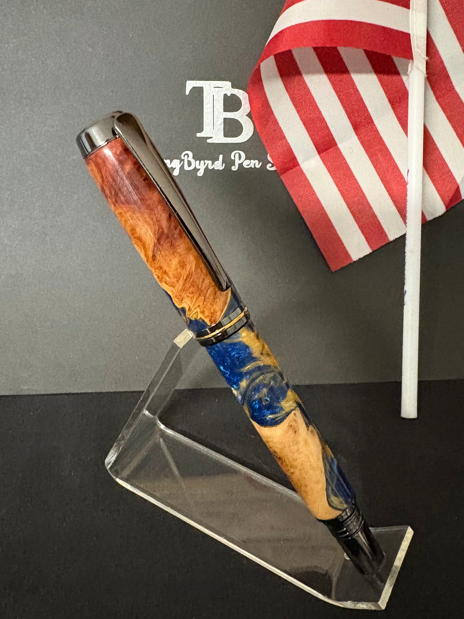 Rollerball Pen - Cherry Burl with blue and gold resin