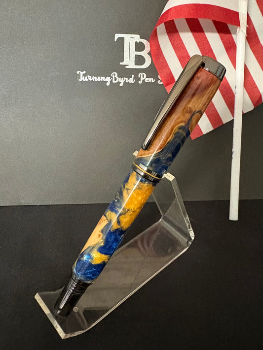 Rollerball Pen - Cherry Burl with blue and gold resin