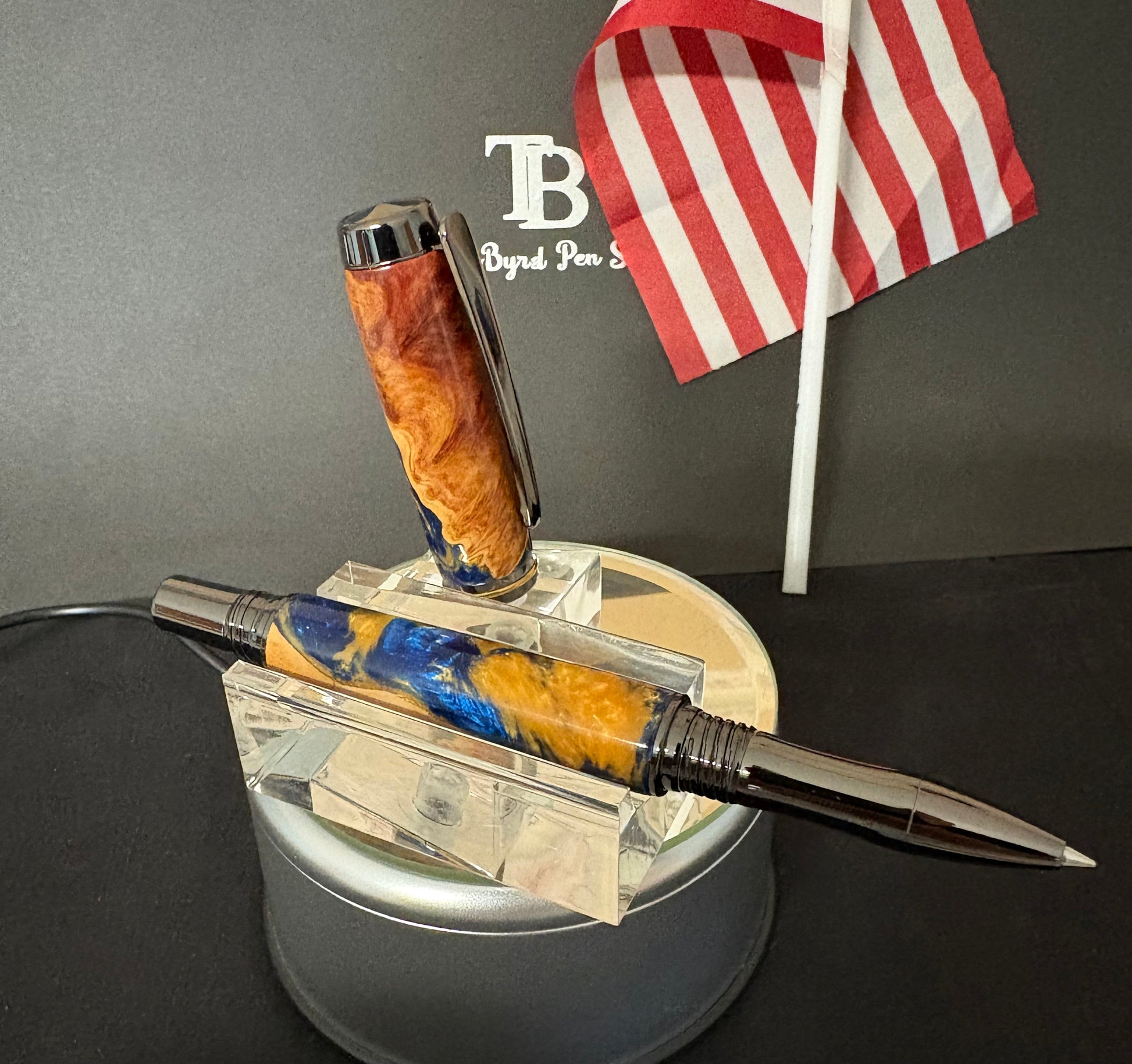 Rollerball Pen - Cherry Burl with blue and gold resin