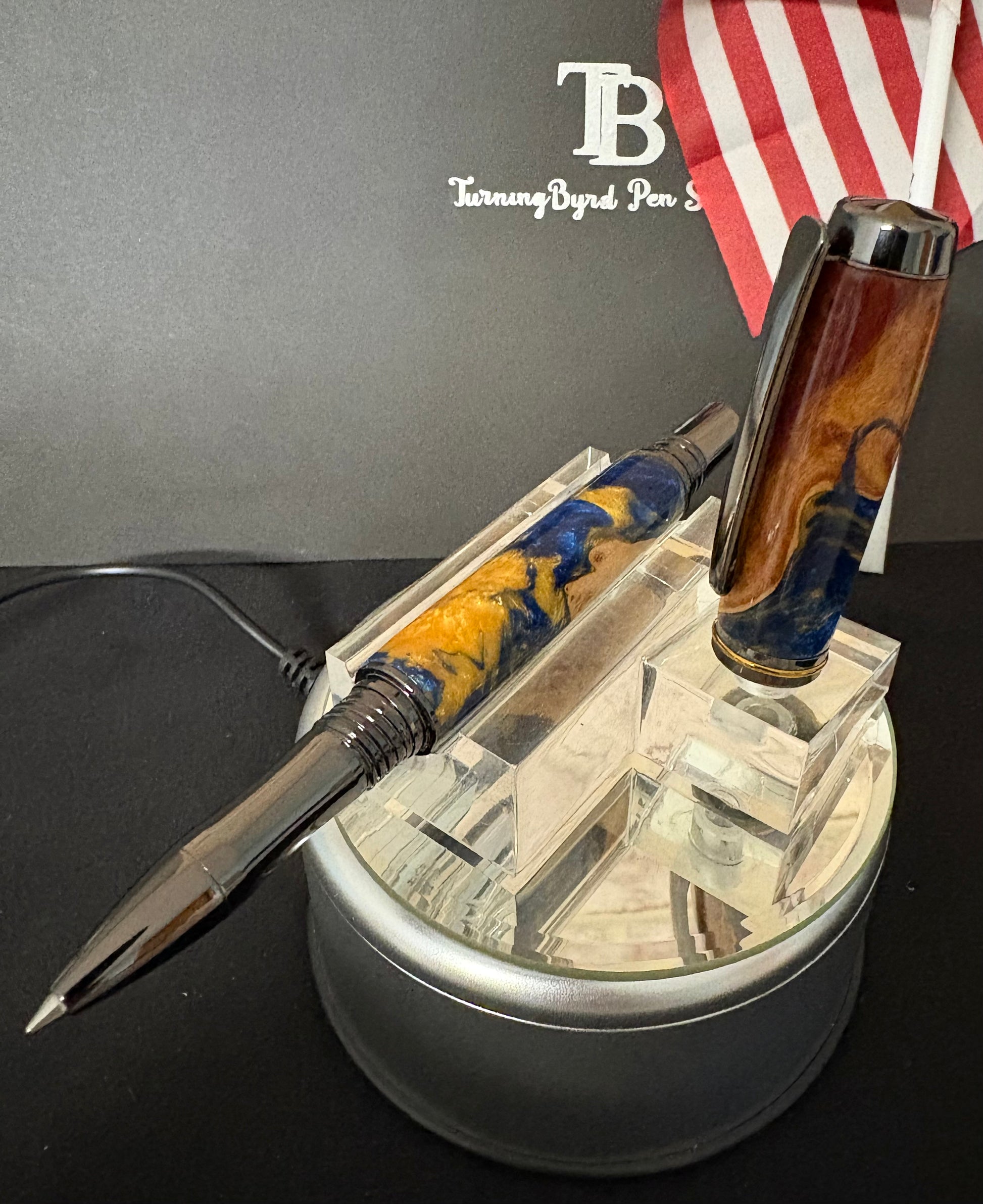 Rollerball Pen - Cherry Burl with blue and gold resin