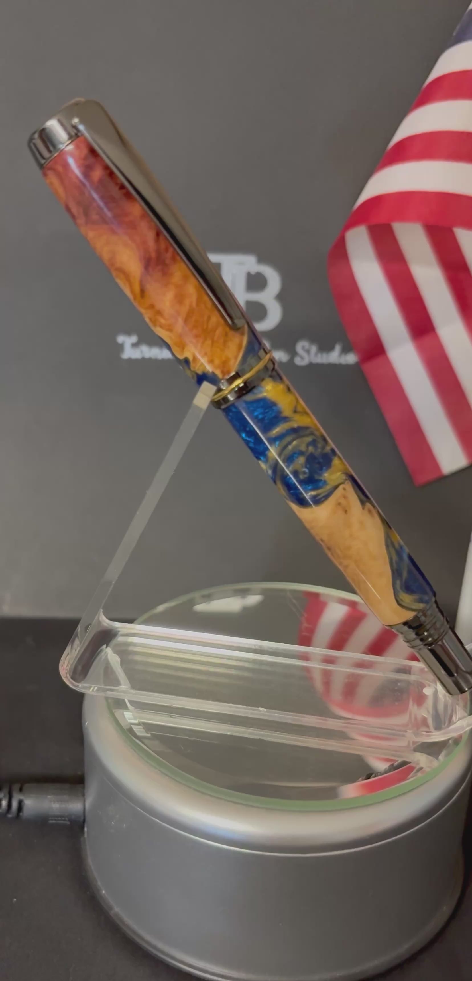 Rollerball Pen - Cherry Burl with blue and gold resin