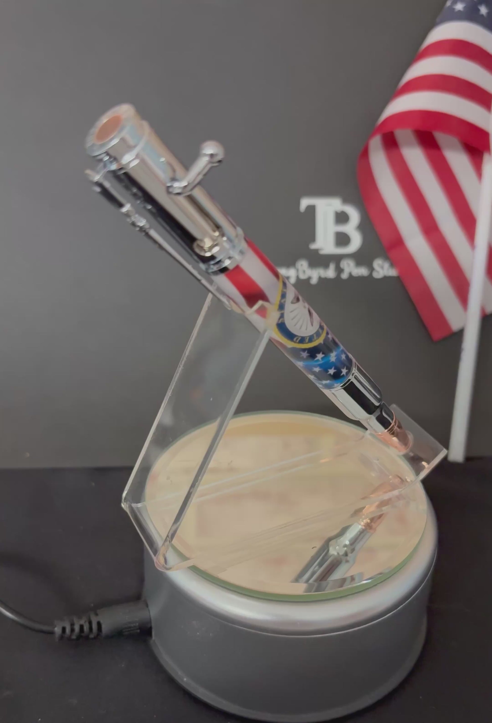 U.S. Navy Bolt Action Ballpoint Pen — Chrome with American Flag Barrel This handcrafted bolt action ballpoint pen is a proud tribute to the honor, tradition