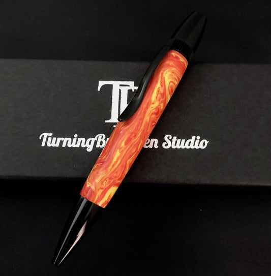 Twist Ballpoint Pen, Black plating Orange and yellow Acrylic  named Firestorm!