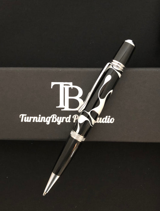 Twist Ballpoint Pen, Black resin with white ribbons, chrome plating