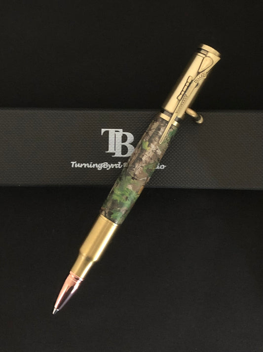 Realtree Camo barrel, bullet tip nib, bolt action  refill advance, gold plating