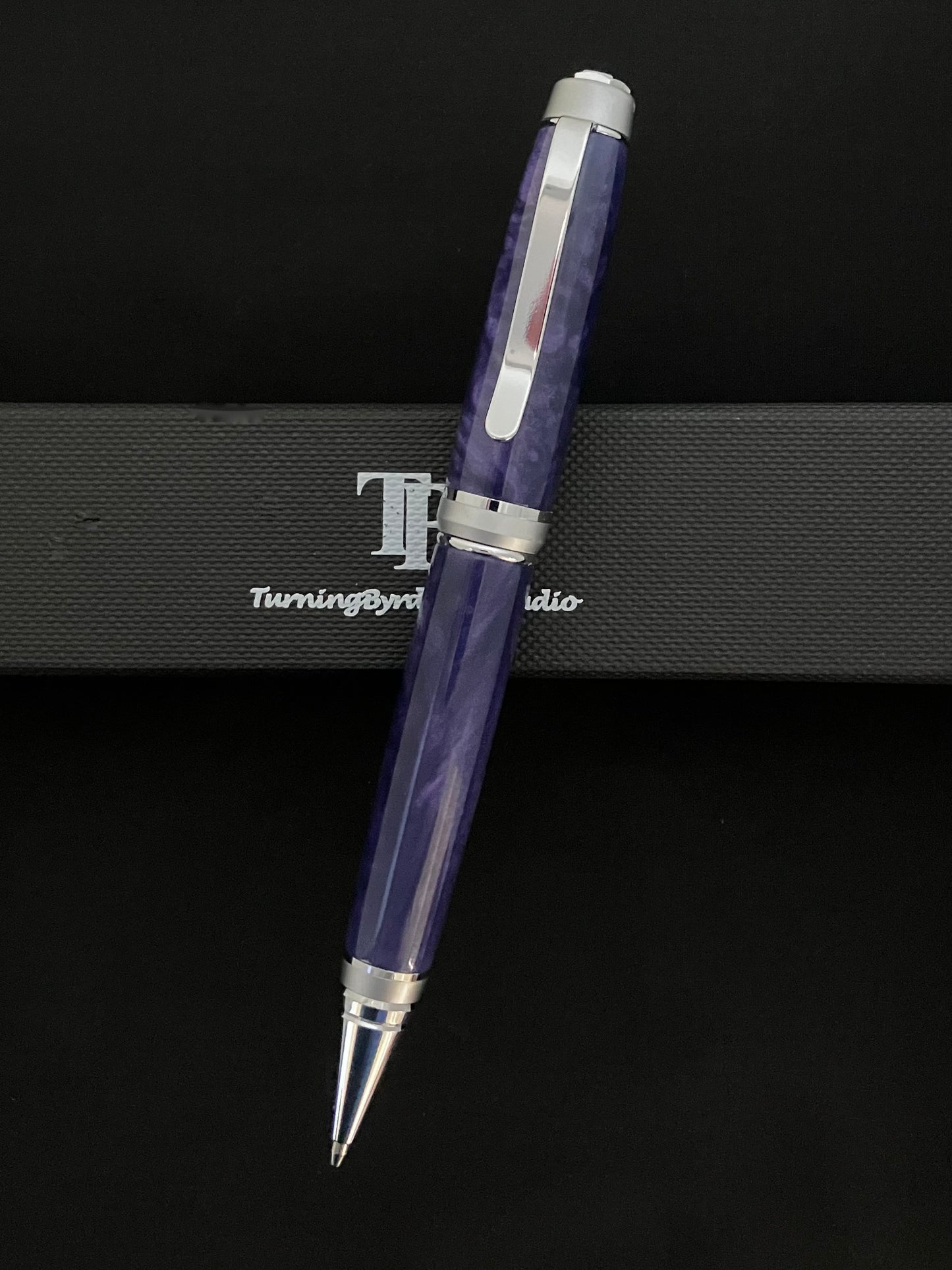Twist ballpoint pen with Chrome and Satin Chrome plating enhance by sparkling and swirling  purple moon resin barrels!