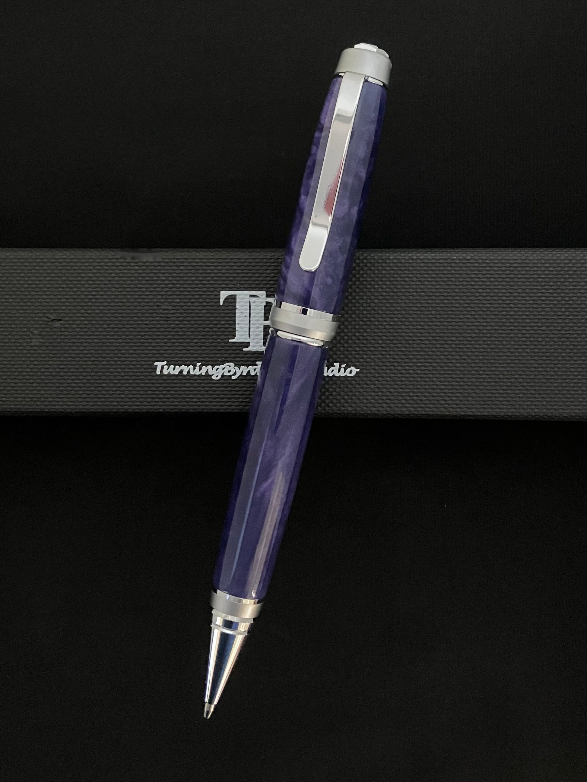 Twist ballpoint pen with Chrome and Satin Chrome plating enhance by sparkling and swirling  purple moon resin barrels!