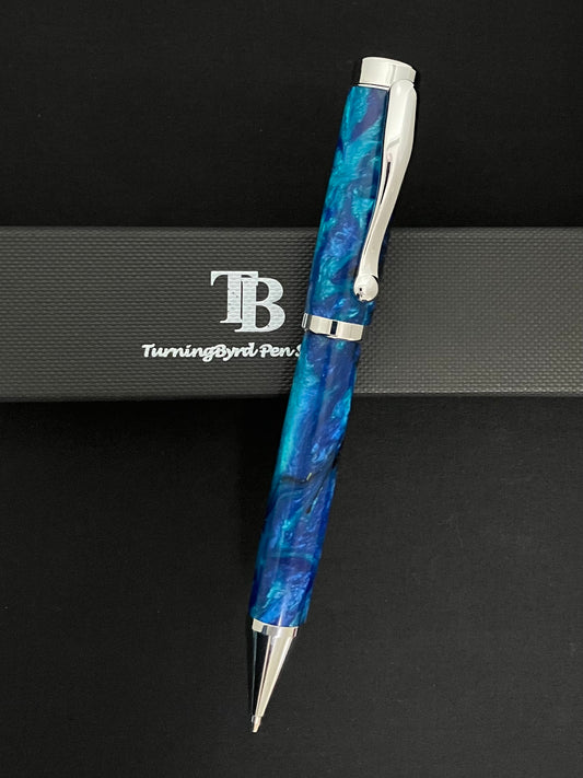 Chrome twist ballpoint pen with shades of blues  resin barrels!