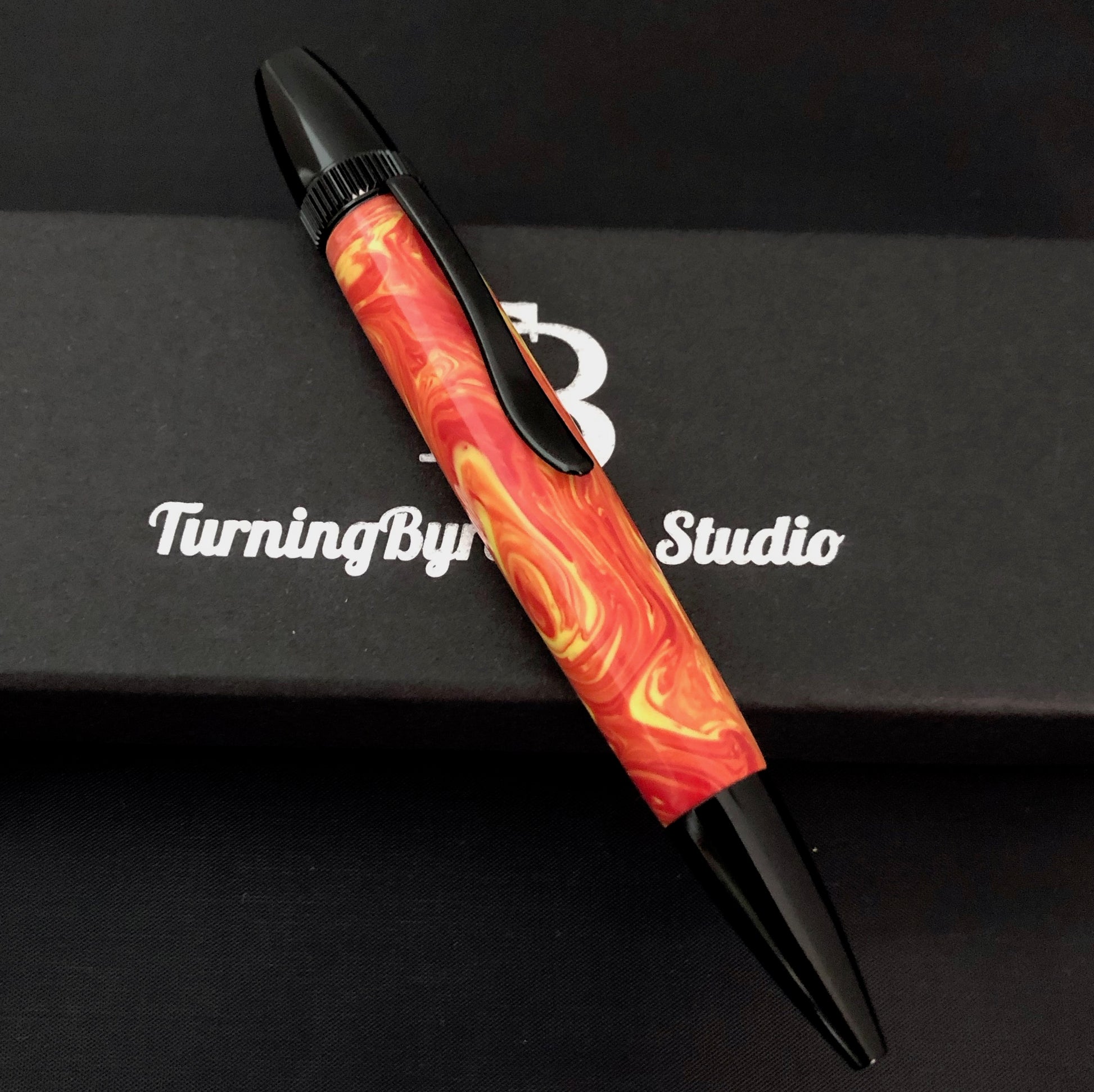 Twist Ballpoint Pen, Black plating Orange and yellow Acrylic  named Firestorm!