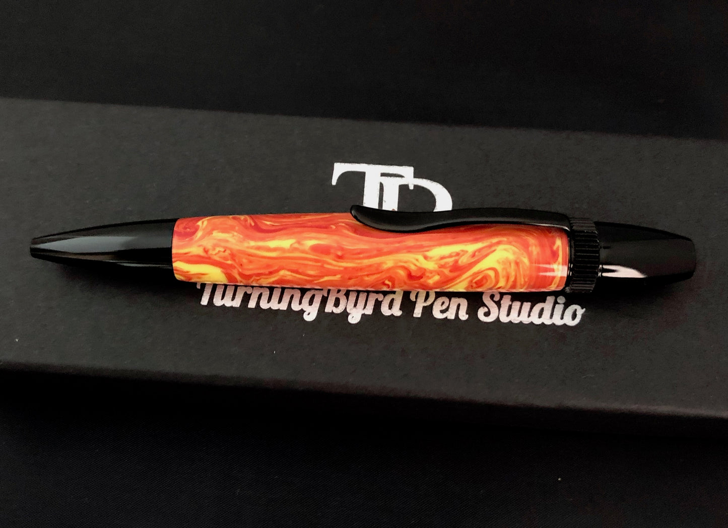 Twist Ballpoint Pen, Black plating Orange and yellow Acrylic  named Firestorm!