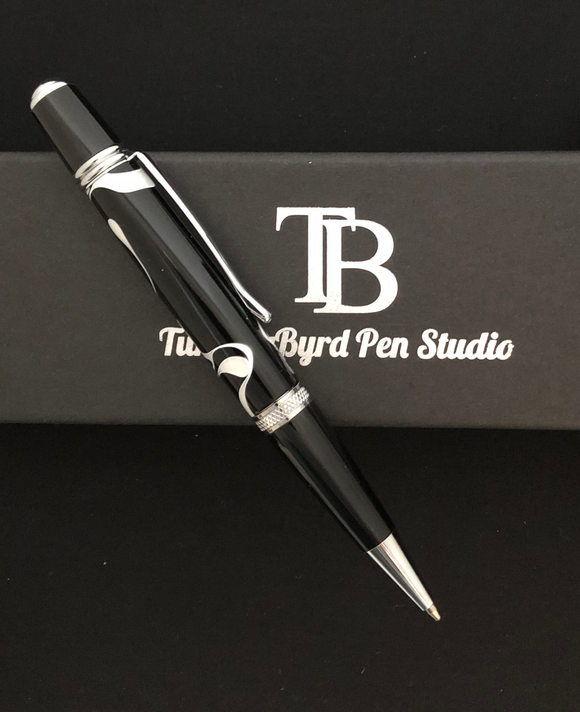 Twist Ballpoint Pen, Black resin with white ribbons, chrome plating