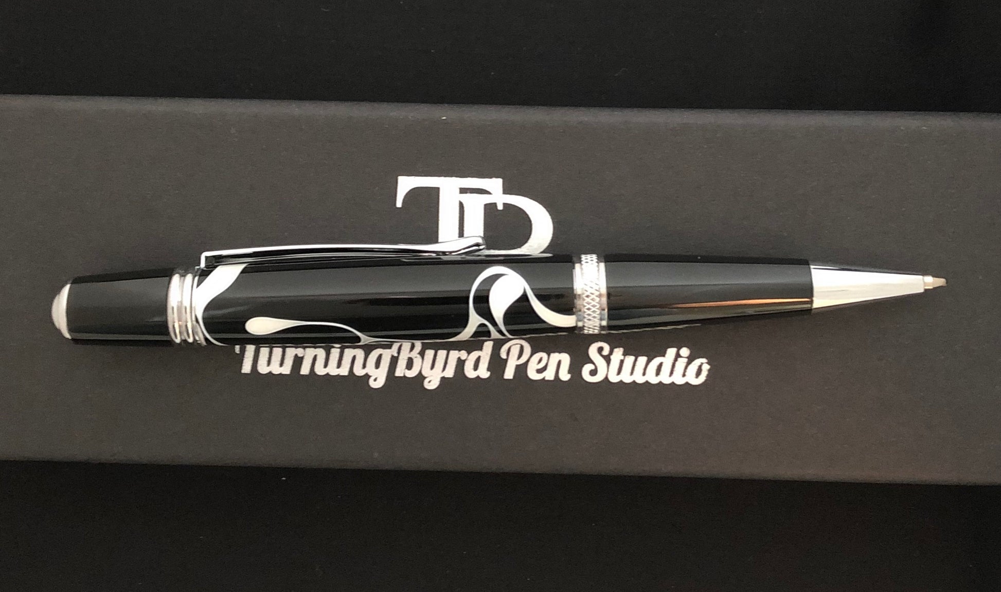 Twist Ballpoint Pen, Black resin with white ribbons, chrome plating