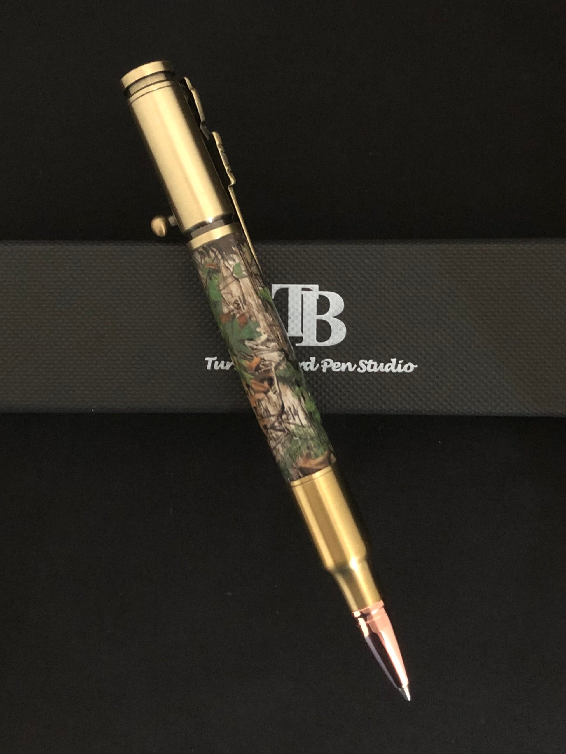 Realtree Camo barrel, bullet tip nib, bolt action  refill advance, gold plating