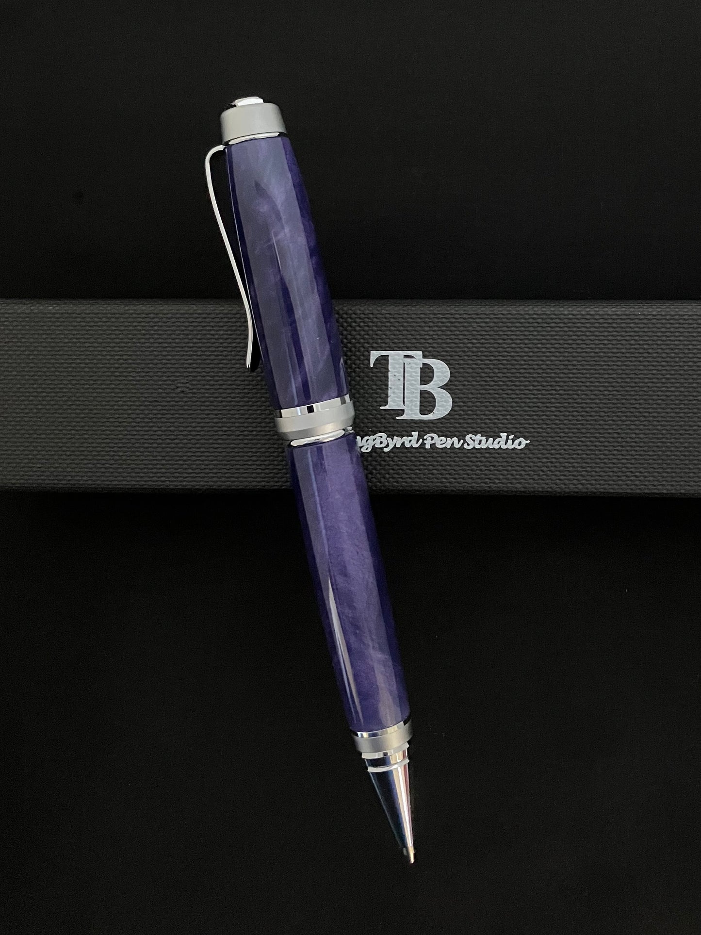 Twist ballpoint pen with Chrome and Satin Chrome plating enhance by sparkling and swirling  purple moon resin barrels!