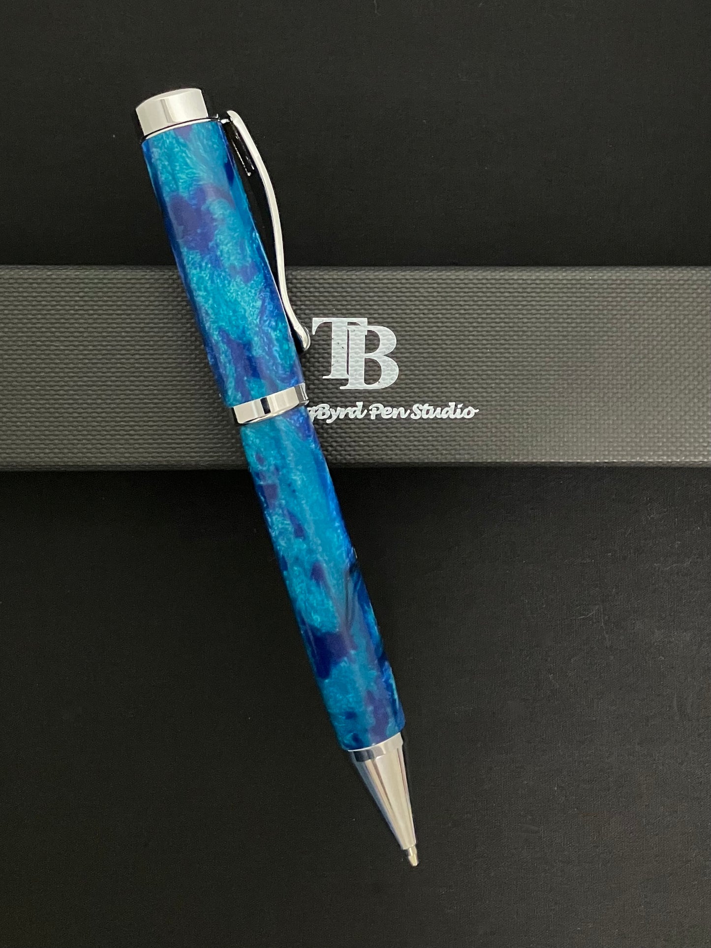 Chrome twist ballpoint pen with shades of blues  resin barrels!