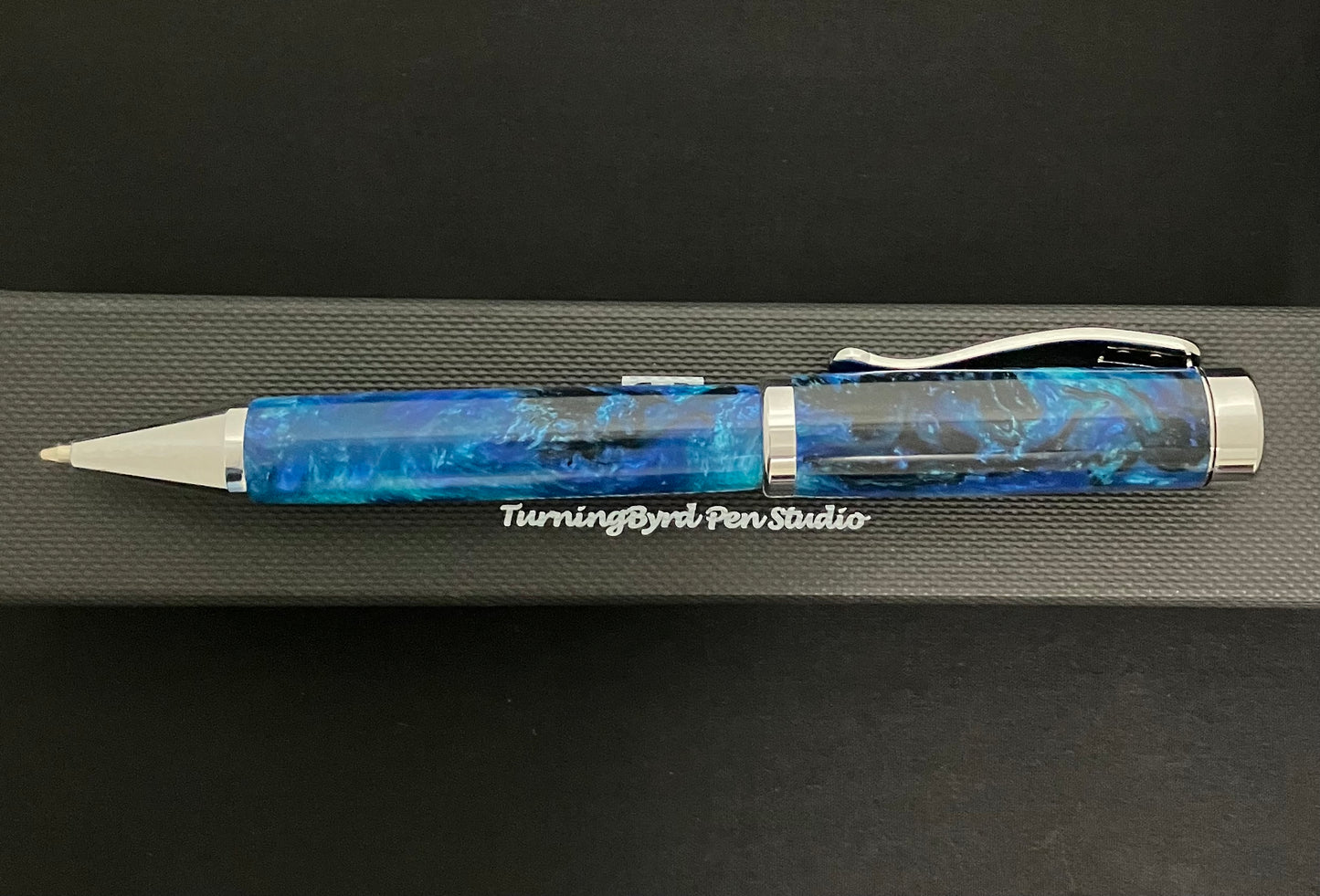 Chrome twist ballpoint pen with shades of blues  resin barrels!
