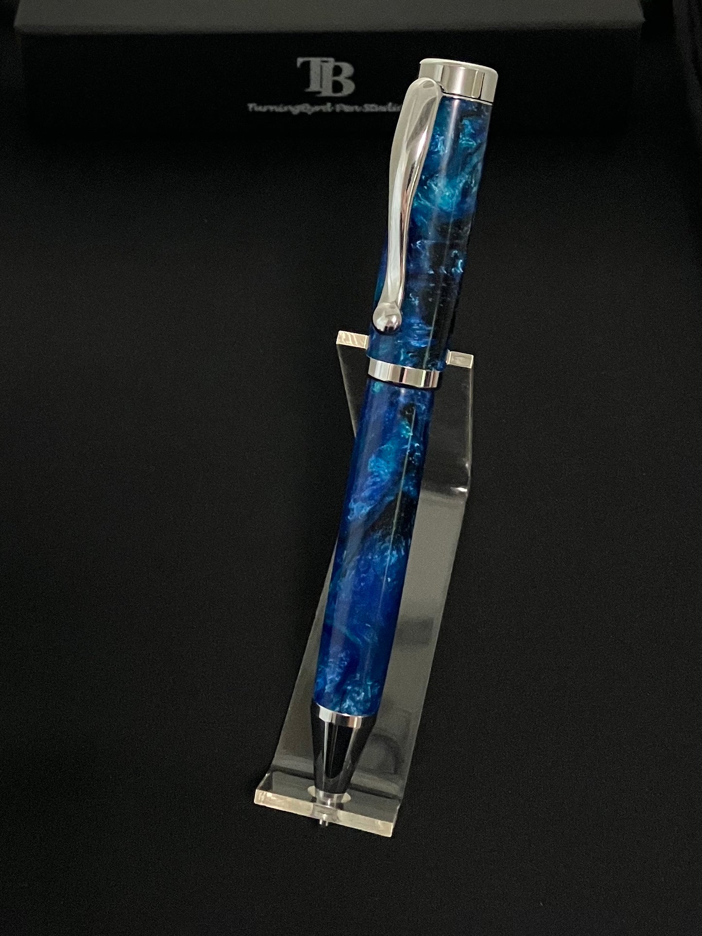 Chrome twist ballpoint pen with shades of blues  resin barrels!