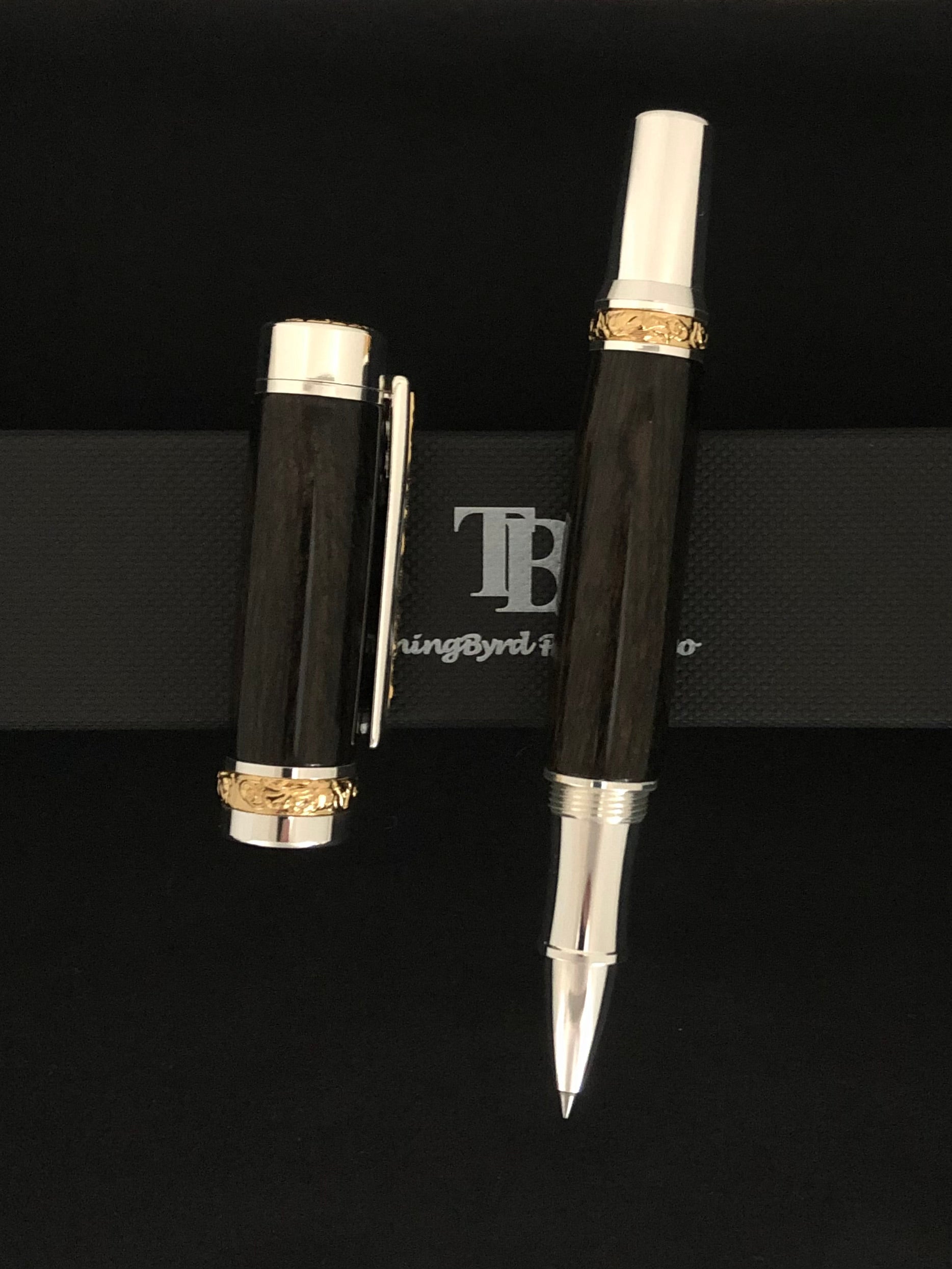 Irish Bog Oak 5000 years old - Silver and Gold Rollerball Pen
