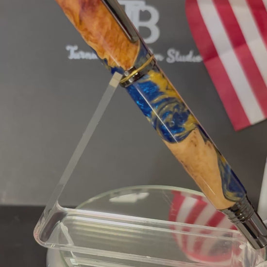 Rollerball Pen - Cherry Burl with blue and gold resin